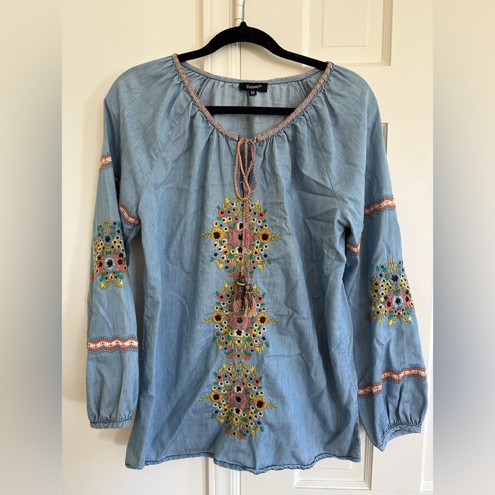 Tolani Chambray Embroidered Top with bead tassels